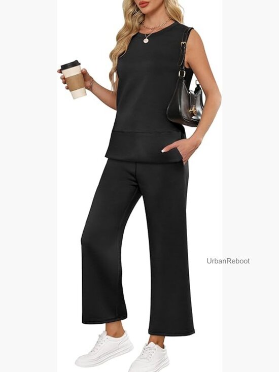 Pants - White 2 Piece Outfits Summer Tank Top Wide Leg Pants Lounge Set